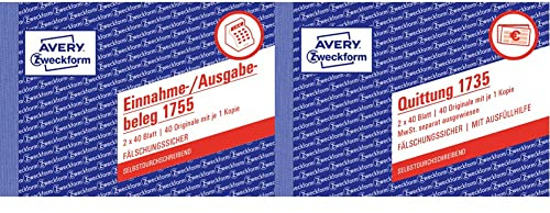 AVERY Zweckform 1755 Einnahme-/Ausgabebeleg (A6 quer, selbstdurchschreibend, von Rechtsexperten geprüft, für Deutschland, 2x40 Blatt) weiß/gelb & 1735 Quittungsblock weiß/gelb