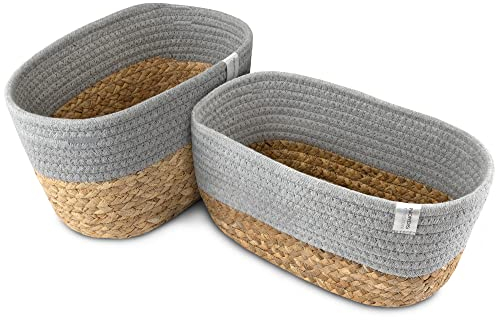 NORDIS DESIGN Aufbewahrungskörbe 2er Set aus Wasserhyazinthe und Baumwolle - Bad Aufbewahrungskorb geflochten als Korbset zur Badezimmer Aufbewahrung & Bad Organisation grau