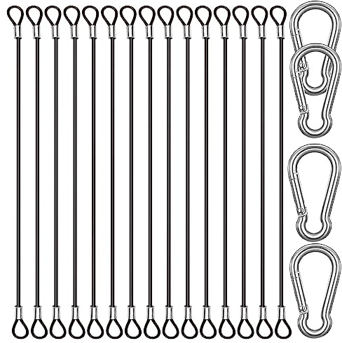 CKANDAY 15 Pack 8 Inch(20cm) Safety Stainless Steel Tethers with 4 Pcs Spring Snap Hook Clips, Steel Wire Cable with Loops Vinyl Cover Coated Short Rope Lanyard Lock Safety Tether Chains, Black