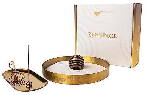 Zen Garden Kit for Desk (High-End) - Safe Sand™ - Mini Zen Décor Office Desktop Accessories - Brass - Meditation Therapy - Gift Set - Printing Sphere, Rake, Incense Holder, Oval Tray, Minimalist Plate
