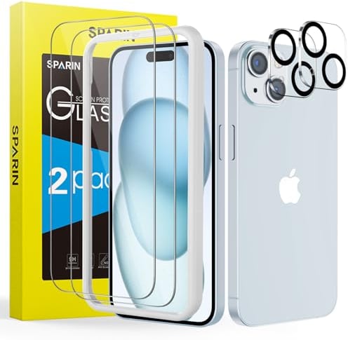 SPARIN 2+2 Stück Panzer Schutz Glas Schutzfolie für iPhone 15 mit Hilfsrahmen und Kameraschutz, 9H-Härte Schutzglas