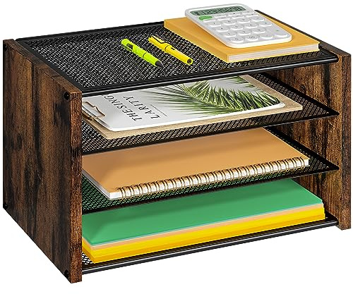 Briefablage aus Papier, 3-stöckig, Schreibtisch-Organizer aus Holz, stapelbar, Metallgeflecht, Schreibtisch-Organizer für Bürobedarf, kleine Papierablagen für Zuhause, Büro, Schule, rustikales Braun