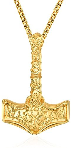 Thors Hammer Viking Necklace for Men Sterling Silver Norse Gold Thors Hammer Pendant Viking Jewelry for Men Boys Father