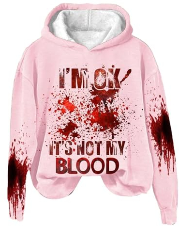 AMhomely I'm Ok It's Not My Blood Hoodies Langarm Halloween Tops Lustiger Buchstabendruck Tee Shirts Sportbekleidung Klassische Kapuzen-Sweatshirts Gruselig Blutig Kapuzenpullover Tops Halloween