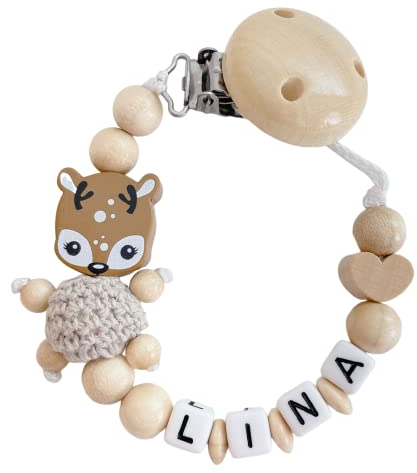 personalisiertes baby geschenk mit Namen für Mädchen oder Junge Baby Geschenk personalisiert zur Geburt & Taufe Reh Natur Holz (Reh sand mit Holz Herz)