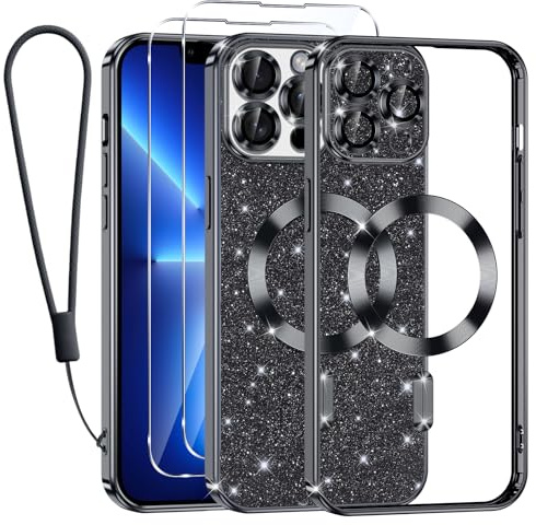 Kokio Funda Glitter para iPhone 13 Pro MAX con Cuerda [Compatible con MagSafe] Brillante Silicona Funda para iPhone 13 Pro MAX con 2 Piezas Cristal Templado Anti-Choque Carcasa, Negro