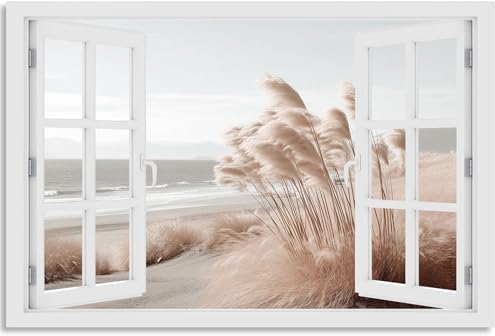 Wandbild Outdoor wetterfeste Bilder für draußen | Gartenbilder Innen & Außen | Landschaftsbilder Acryl Glas Fensterblick Effekt | 120x80cm Meer Schilf Pampasgras