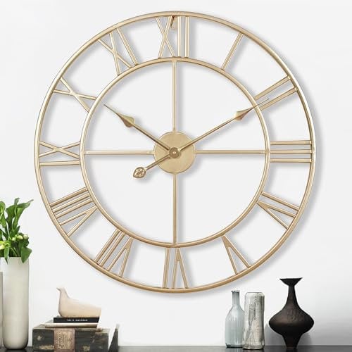 Große Wanduhr im Vintage-Stil, rund, geräuschlos, Gold. Gratis dazu EIN Extraset Uhrzeiger in Schwarz. Die Metalluhr für Loft, Wohnzimmer, Schlafzimmer und Küchendekoration (Schwarz). (Gold, 60 cm)