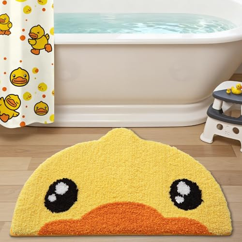 LUMI Niedliche Badematte aus Badeente aus Plüsch, saugfähig, für Badezimmer, rutschfeste Unterseite, waschbar, ideal für Kinderdusche, Waschbecken, Badewanne, Schlafzimmer, 45 x 72 cm, Entendekor