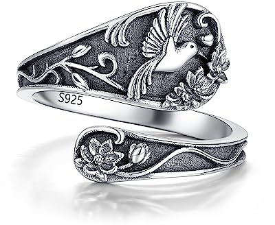 SILVWHIS Sterling Silver Spoon Ring, Hummingbird Ring, Vintage Antique Spoon Rings, Adjustable Thumb Rings for Women, Metal, Cubic Zirconia