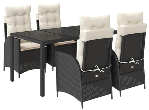 vidaXL Garten Essgruppe 5-TLG., Gartenmöbel Set Tisch mit 4 Stühle, Gartengarnitur mit Kissen, Sitzgruppe Essgarnitur Terrasse, Schwarz Poly Rattan