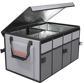 PROTEX Kofferraum Organizer [Testsieger 2025] 70 L Kühltasche - Faltbare Kofferraumtasche mit Deckel - XXL Kofferraumbox mit Wärme- & Kältedämmung - Praktisch & Wasserdicht (grau)