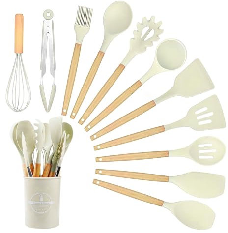 12 Stück Küchenhelfer Set, Silikon Kochutensilien Kochbesteck Set mit Holzgriff, Hitzebeständiger Kochbesteck mit Utensilienhalter, Antihaft Kochset Küchenutensilien, Spülmaschinengeeigne - Khaki