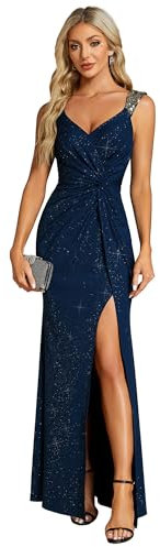 Ever-Pretty Robe de Soirée Femme Longue Moulante Fendu Col V Plis Bandoulière à Sequins Haute Élasticité Bleu Marine 50