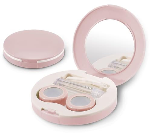 2 Pack Travel Contact Lens Case Kit, Portable Eye Contact Case with Mirror, Remover Tool, Tweezers & Solution Bottle, Contact Lens Holder Box Container Storage for Outdoor Daily (Round, Pink)