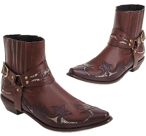 OPPOQ Stivaletti Western da Uomo Stivali con Cinturino con Fibbia Stivali Corti da Cowboy con Punta Quadrata in Pelle retrò Stivali da Motociclista da Cowboy,Rosso,42