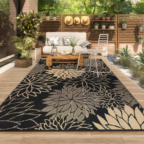 SHACOS Boho Outdoor Teppich Wetterfest Schwarz 270x360 cm Groß Kunststoffteppich Wendbar Balkon Teppich Wasserfest UV-beständig Picknickdecke für Terrasse, Camping, Garten, Deck