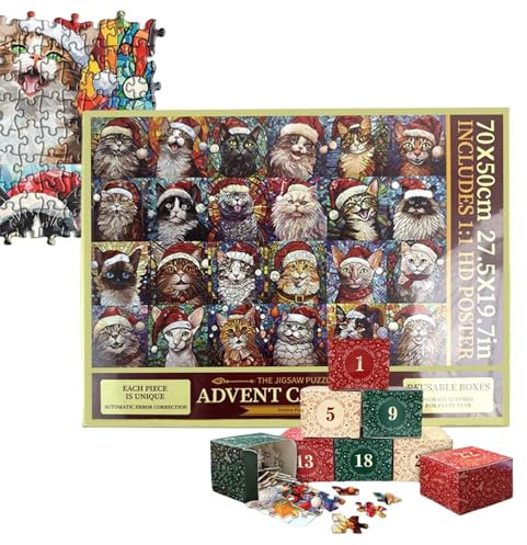 Puzzle Adventskalender 2024 Weihnachts, 1000 Teiliger Katzen Adventskalender 2024, 24 Tage Adventspuzzle Weihnachts Tier Countdown Kalender, Für Erwachsene Und Kinder
