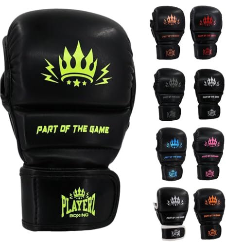 Playerz Element Kids MMA Sparring Gloves, Synthetic Leather Grappling Gloves, Side Thumb Protection, Double Wrap Closure, 1 High Tech Padded Knuckle for Young Martial Artists (Black/Neon, XSmall)