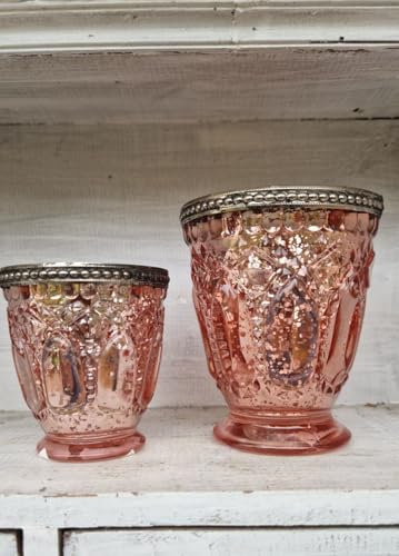 Arinosa Windlicht Glas Vintage 2er Set Rosa antiksilber 7,5x8cm und 9x10,5cm
