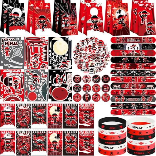 Ninja Party Favors - Ninja Geburtstag Party Dekorationen Zubehör für Ihre kleinen Ninja Krieger, einschließlich Notebook, Geschenk-Taschen, Slap Armbänder, Gummi-Armbänder, Aufkleber, Button Pin