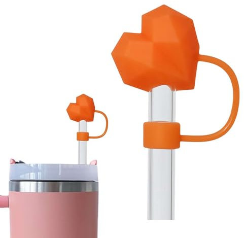 Heart Straw Covers for Stanley Cup, Valentines day Straw Toppers Diamond Love Heart Reusable Silicone Straw Topper for Stanley 30 and 40 Oz, Valentines Day Party Cup Cute Decorations (Orange)