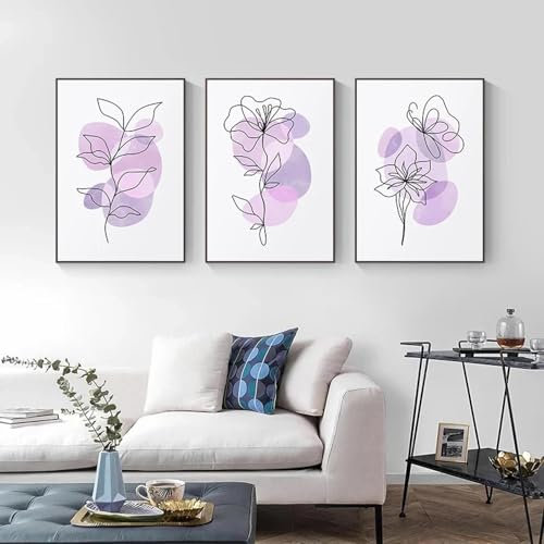 LTjiajuypd Lilla floreale pastello danese astratto fiori linea arte poster e stampe tela pittura immagine da parete per camera arredamento casa 30x40cm-3 pezzi senza cornice