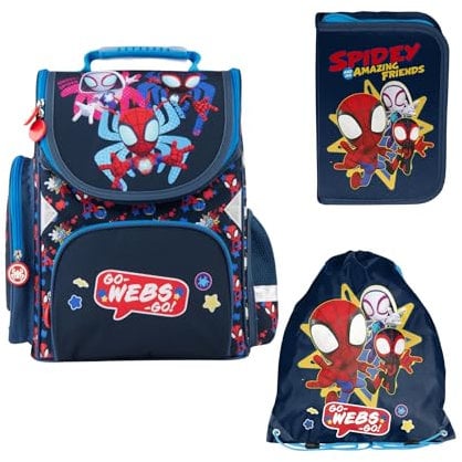 PASO Schulranzen für Jungen und Mädchen, 3er-Set - Schul-Rucksack für Kinder mit Federmäppchen - Schuhbeutel - Marvel Spiderman Motiv - 1-3 Klasse