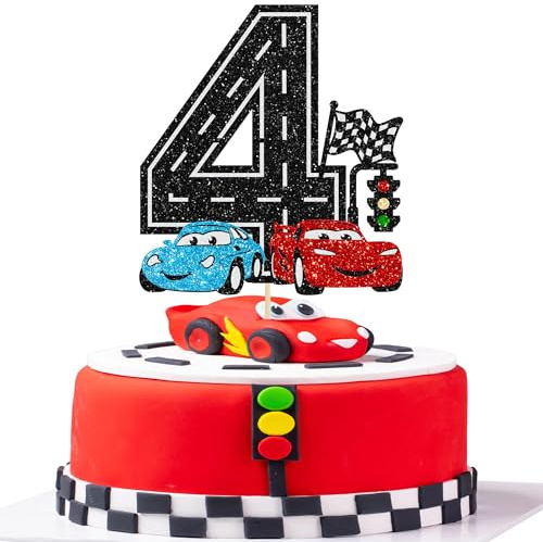 Ephlyn 1Pc Race Car 4th Birthday Cake Topper Glitter 4th Racing Car Birthday Cake Decoration for Racing Checkered Flag Themed Girl Boy 4 Years Birthday Party Supplies