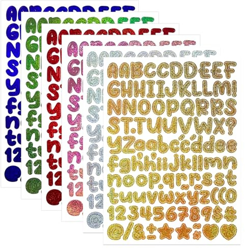 BINLINHONGO 666 Small Glitter Colourful Sticky Vinyl Letter Number Stickers | 6 Sheets 0.5 Inch Stick on Alphabet Sticker Decals for Scrapbooks, Signs, Water Bottles, DIY Crafts