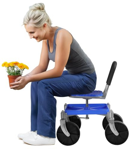 woshapce Garden Stool, Tool Trolley on Wheels, Adjustable Height Rolling Garden Seat with Tool Storage Tray, 360° Swivel Work Seat Cart,Heavy Duty Steel Frame, 150kg Capacity (Blue)