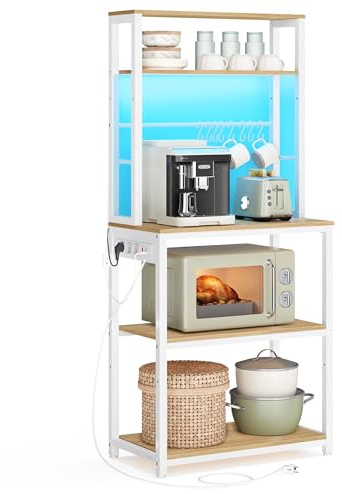 VASAGLE Küchenregal mit LED-Beleuchtung, Standregal mit Steckdosen | Mikrowellen-Regal mit verstellbaren Ablagen, 8 Haken, 60 x 40 x 168 cm, BARNET Kollektion KKS049YA01