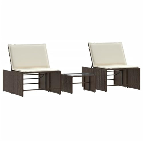 Fisinber Sonnenliege 2er Set mit Tisch Polyrattan Braun - Modulare Gartenliege mit Verstellbarer Rückenlehne und Cremeweißen Kissen - Robuste Relaxliege für Garten Terrasse Balkon