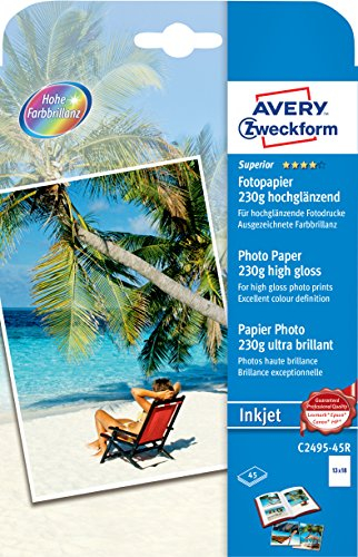 AVERY Zweckform C2495-45R Superior Inkjet Fotopapier (45 Blatt, 230 g/m², Format 13x18 mm, einseitig beschichtet, hochglänzend, ausgezeichnete Farbbrillanz, Tintenstrahldrucker, sofort trocken)