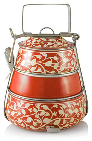 Indischer Henkelmann, 3-stöckig, pyramidenförmig, handbemalt, Orange