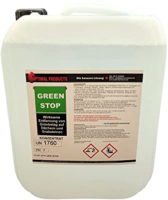 Optimal Products Grünbelagentferner | Steinreiniger für z. Bsp. Pflastersteine uvm | Fassadenreiniger I Selbsttätig ohne nacharbeiten I Konzentrat(5 Liter)