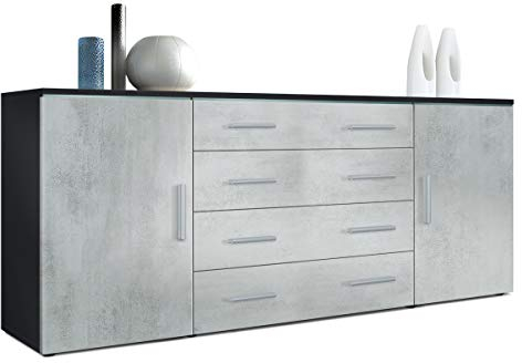 Vladon Sideboard Faro V2, Made in Germany, Kommode mit 2 Türen und 4 Schubladen, Schwarz matt/Beton Oxid Optik (166 x 72 x 35 cm)