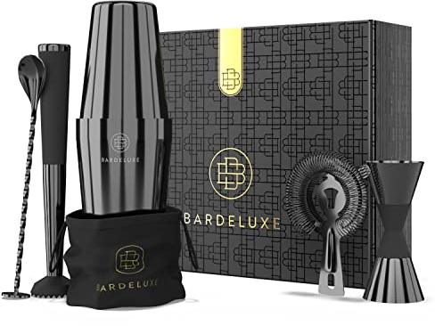 BarDeluxe® Boston Shaker Set de 5 pièces pour Barman - Ensemble de Cocktails - 750 ML - Shaker à Cocktail Boston - en Acier Inoxydable - Accessoires de Cocktail (Noir)