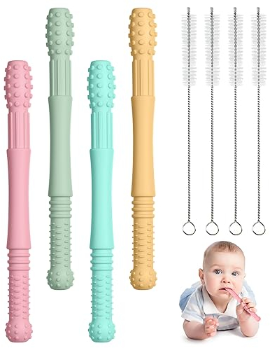 Vicloon Beißring Baby, 8-Teiliges Set Beißröhrchen Silikon, 4 Stück Zahnungshilfe +4 Stück Reinigungsbürste für Baby 6-12 Monate Sensorisches Kauen Molar Spielzeug(Round head)