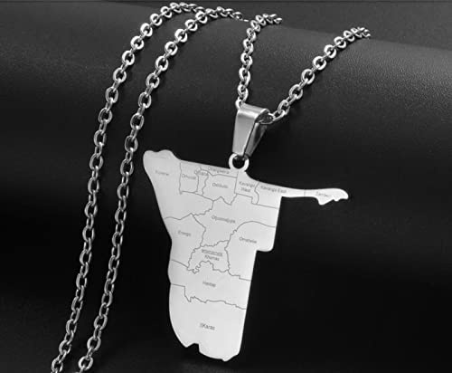 Gouekst Namibia-Karte Mit Städte-Anhänger-Halsketten – Karten des Landes Charm-Anhänger-Schmuck Ethnische Schlüsselbeinkette Für Frauen Männer Patriotische Pullover-Ketten-Halsketten, Silber,
