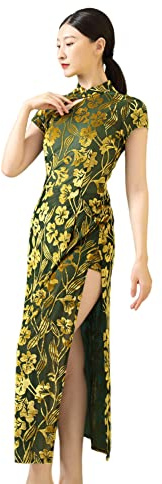 ROYAL SMEELA Floral Cheongsam Dress Mandarin Collar Dresses Slit Chinese Traditional Clothes Midi Qipao for Women Green