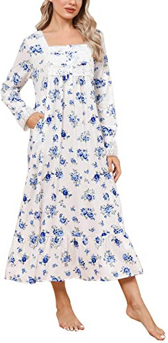 Soft Nightgowns for Women Knit Cotton Victorian Long Sleeves Ladies Full Length Nightdress with Pokckets (Blue Rose, 2XL)