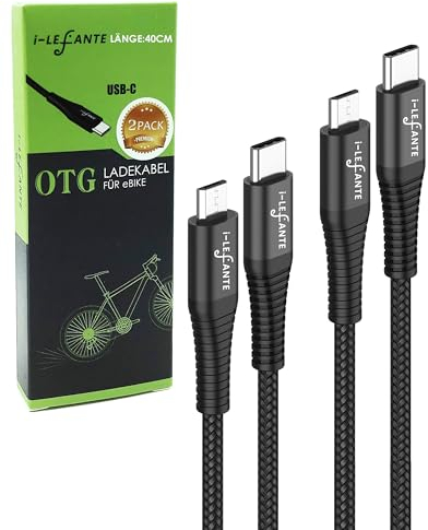 i-LEFANTE eBike Ladekabel für Bosch Intuvia, Kiox, Nyon (alt) E-Bike Display 40 cm Länge OTG Funktion Micro USB auf USB C für Fahrradcomputer -2er stück