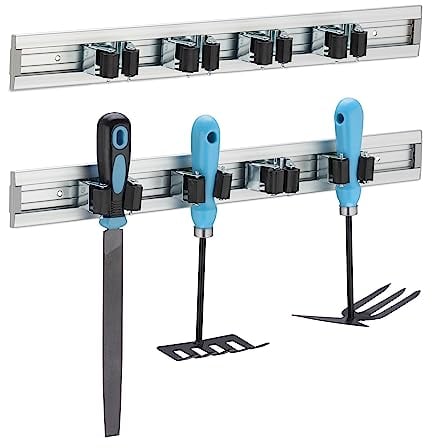 Relaxdays Porte-Outils Mural, Lot de 2, accroche-Balai, Outils de Jardin, Rangement Garage, Pinces, Aluminium, argenté
