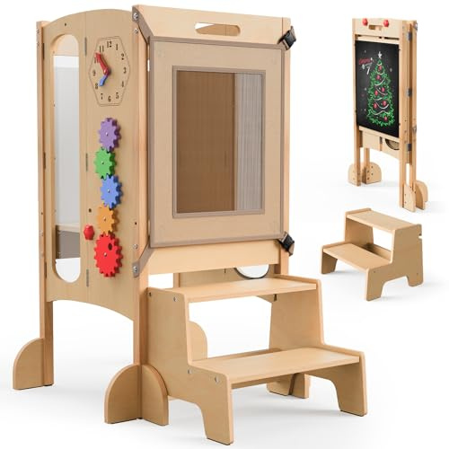 JUZBOT Toddler Tower- Foldable Wooden Kitchen Stool Helper with Safety Net, Anti-Tip Base, Detachable Step, Chalkboard & Whiteboard, 150lb Capacity, Montessori Gift for Kids 18M-5Y