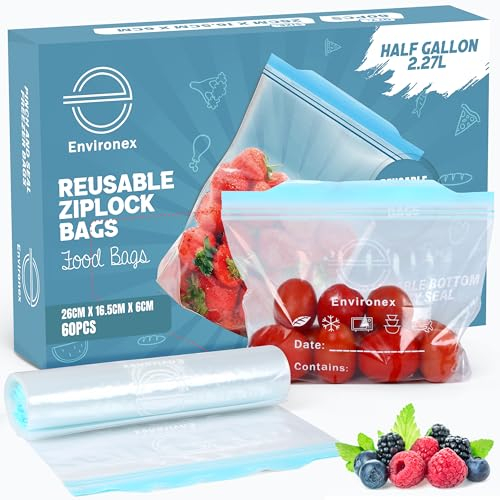 60 Pcs Environex Half Gallon Reusable Ziplock Bags for Leftovers, Leak proof, Freezer, & Microwave Safe with Expandable Bottom, Durable Food Bags, Easy open, Seal Tight (26cm x 16.5cm + 6cm, 2.27L)