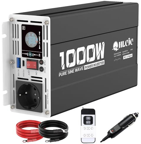 1000W Reiner Sinus Wechselrichter 12V auf 230V Spitzenleistung 2000W Spannungswandler mit Funkfernbedienung Type-C PD30W USB QC3.0 Port 1 EU Steckdose LCD-Display für Solares System Wohnmobil LKW KFZ