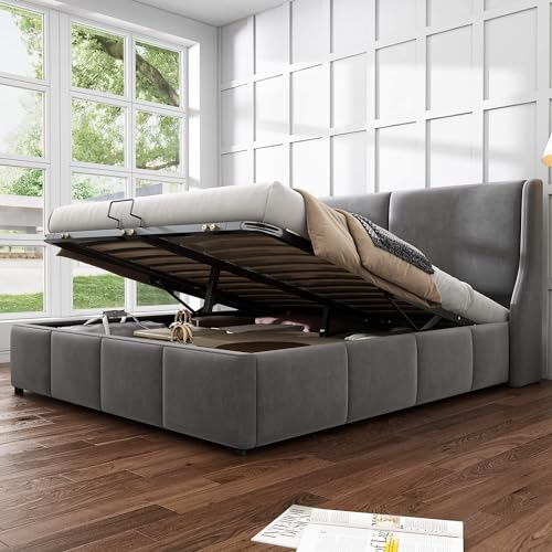 HYUB Polsterbett mit Stauraum 140 x 200cm, Bett mit Bettkasten und Lattenrost, Hydraulisch Doppelbett mit Kopfteil, Samt Continentalbett, für Erwachsene und Jugendliche, ohne Matratze, Grau