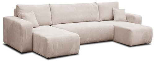 VENASI MÖBEL Ecksofa mit Schlaffunktion und Bettkasten Luna U-Form Sofa Eckcouch Schlafsofa (Beige)