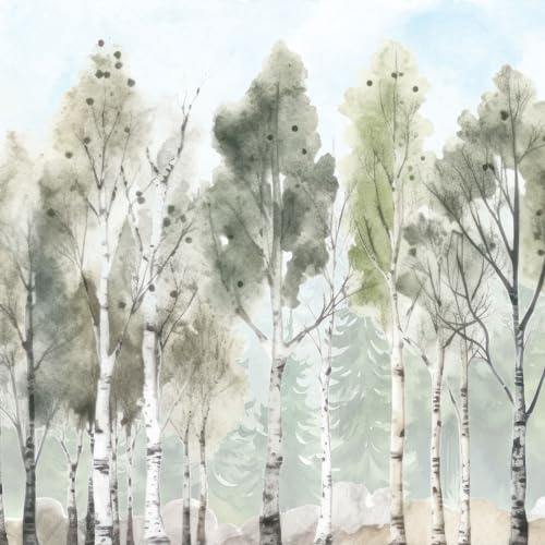 UNIK Nordic Vliestapete BxH: 200x250 cm mit Kinder und Baby XXL Wald Motiv, Kindertapete mit Birkenwald Design, Fototapete Pastell Bäume für Kinderzimmer, Premium Foto Tapete mit 180g/m2 Stärke